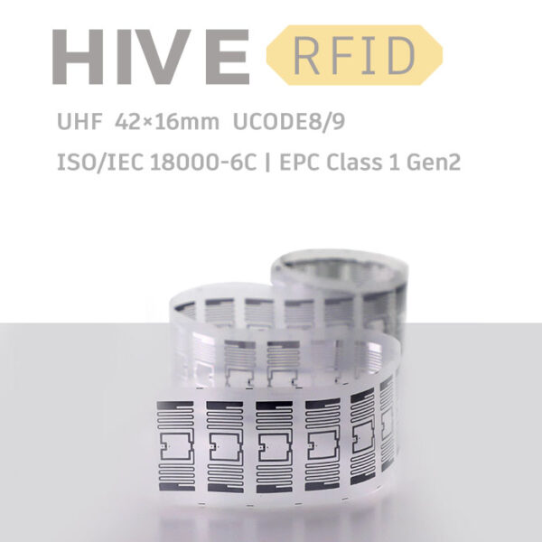 HiveRFID Custom UHF RFID tag Label inlay 42×16mm Ucode 8 Ucode 9 for Warehouse logistic management and package tracking